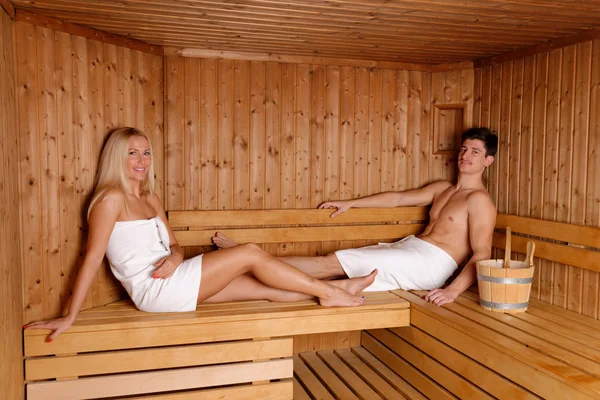 Couple relaxing in sauna