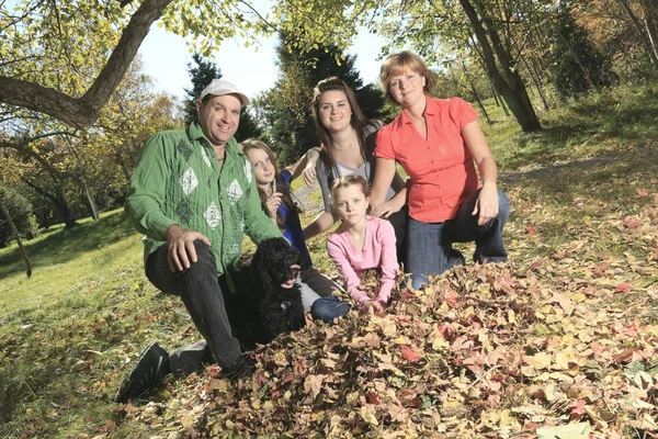 Family throw autumnal leaves