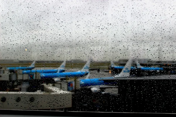 View from the window on the parking of planes in rainy weather