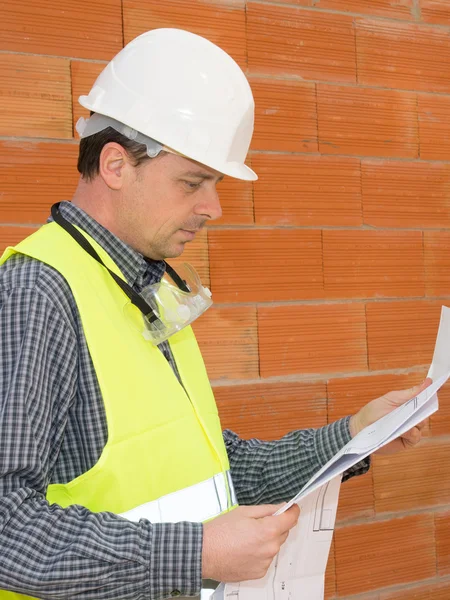 Attractive architect is checking the layout of building.