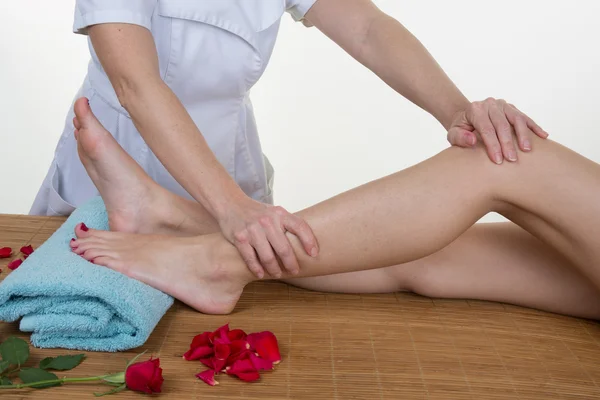 Close-up of sexy woman getting spa treatment. Leg massage therapy
