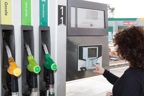 Petrol station. Filling station. Gasoline. woman close to petrol tap