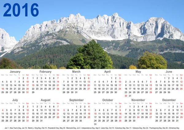 Annual calendar 2016 mountain landscape and holidays USA