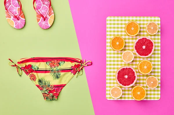 Fashion Summer Outfit.Beach clothes Tropical fruit