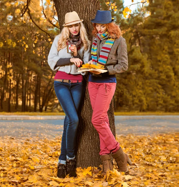 Fall Fashion. Friends Woman walk in Autumn park