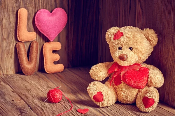 Valentines Day. Teddy Bear Loving. Hearts, Handmade word Love. Retro.