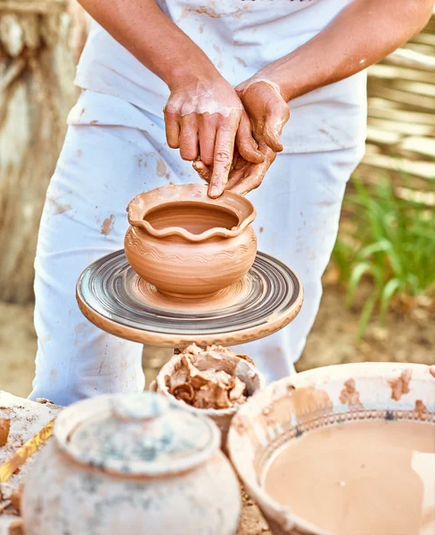 Ethnic art, skilled master creating pot of clay, ceramic, craft