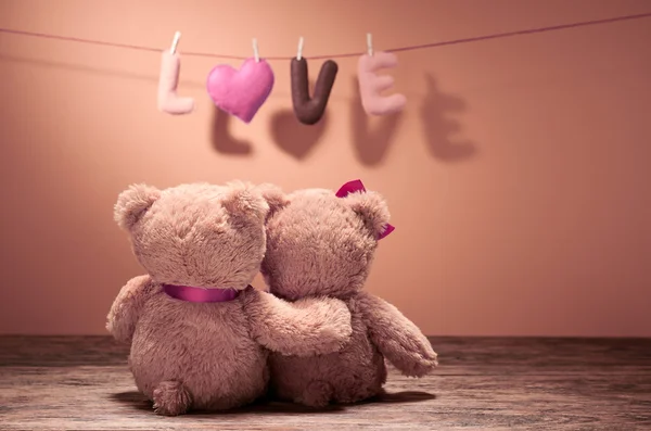 Valentines Day.Word Love heart.Couple Teddy Bears