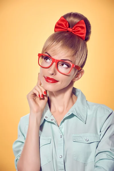 Beauty fashion business woman, red glasses. Pinup