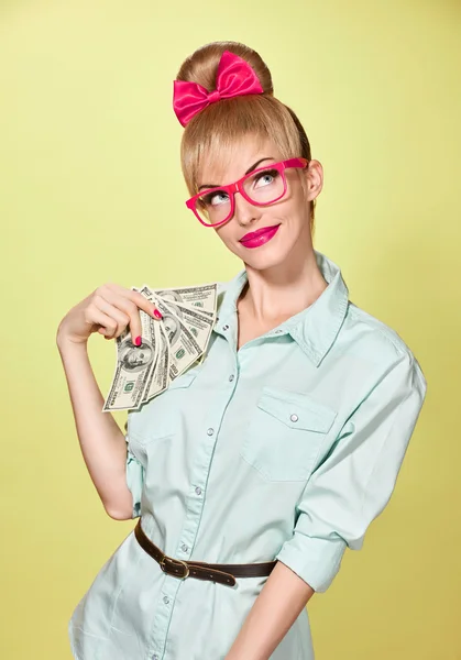 Beauty fashion. Money, business woman with dollar