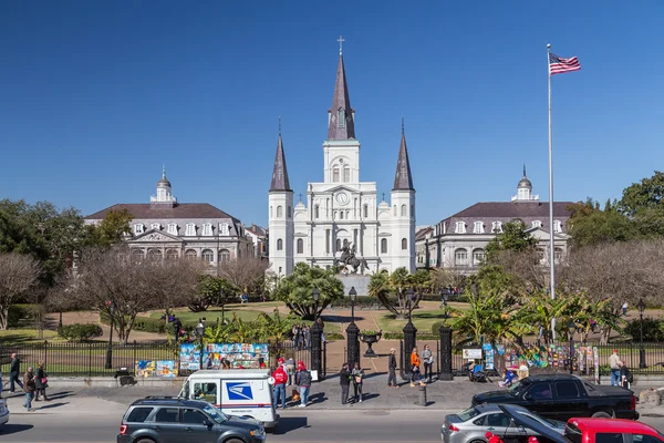 New Orleans, LA/USA - circa February 2016: St. Louis Cathedral and Jackson Square in French Quarter, New Orleans,  Louisiana