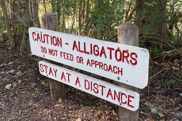 Caution sign warning about alligators in Brazos Bend State Park near Houston,  Texas