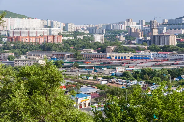 Vladivostok, Russia - circa July 2015: Panorama of Railroads and residential apartment buildings, Vladivostok,  Russia