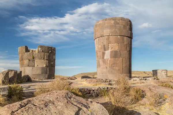 Sillustani Ancient burial ground with giant Chullpas cylindrical funerary towers built by a pre-Incan people near Lake Umayo in  Peru