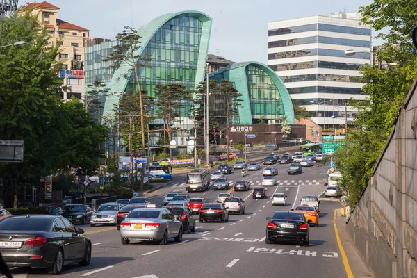 Seoul, South Korea - circa September 2015: Road traffic anc cars driving on the streets of Seoul, South  Korea