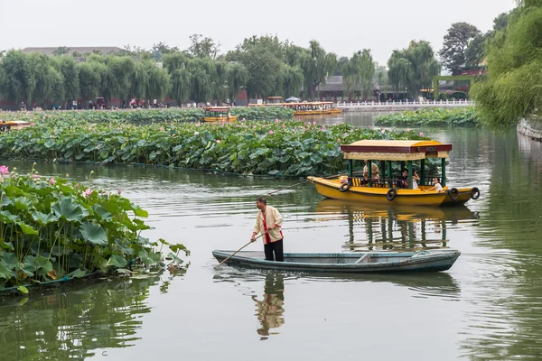Beijing, China - circa September 2015: People sailing boats in the moat around Forbidden Palace, Beijing,  China