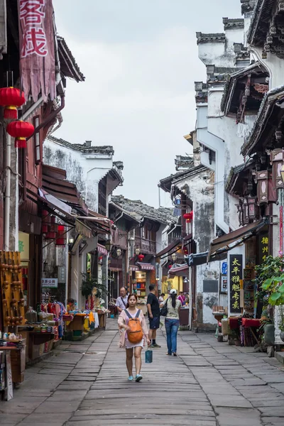 Huangshan Tunxi City, China - circa September 2015: City streets of old town Huangshan in China with oriental  architecture