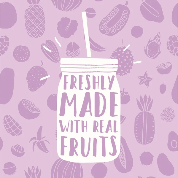 Freshly made with real fruits. Hand drawn jar and fruit pattern.