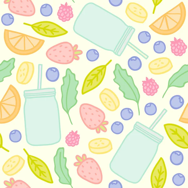 Fruits, berries and smoothie jars outline seamless pattern