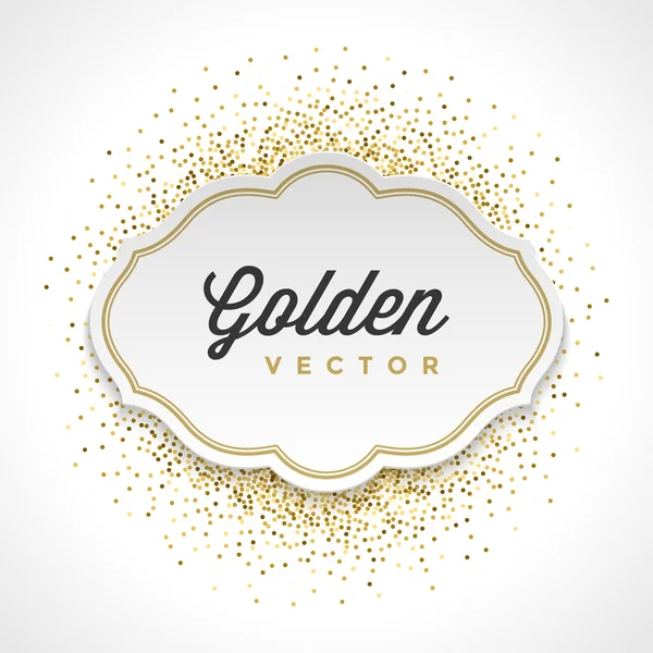 Gold Glitter Sparkles Bright Confetti White Paper Label Frame Vector Background