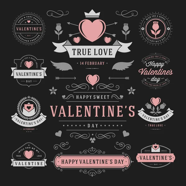 Valentines Day Labels and Cards Set, Heart Icons Symbols, Greetings Cards, Silhouettes, Retro Typography Vector Design Elements.