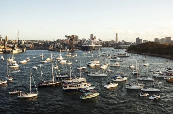 Sydney harbor panorama taken on 19 of February 2007 2007 during Queen Elizabeth 2 cruise ship visit. Queen Mary 2 on the background.