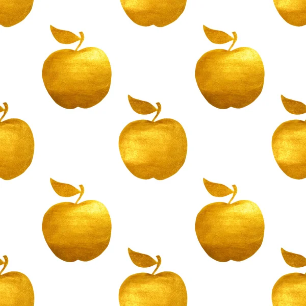 Seamless pattern with golden hand-painted apples on white background
