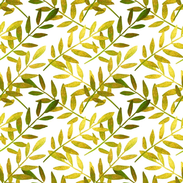 Golden and green hand-painted leaves on white background, seamless pattern