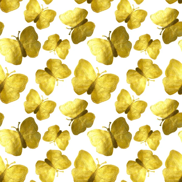 Hand-drawn with paints pearly yellow butterflies on white background, seamless pattern