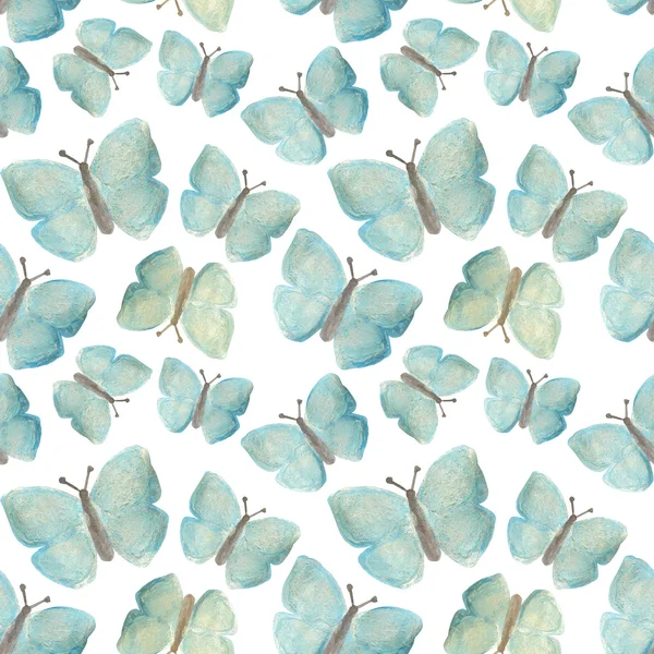 Hand-drawn with paints pearly blue butterflies on white background, seamless pattern
