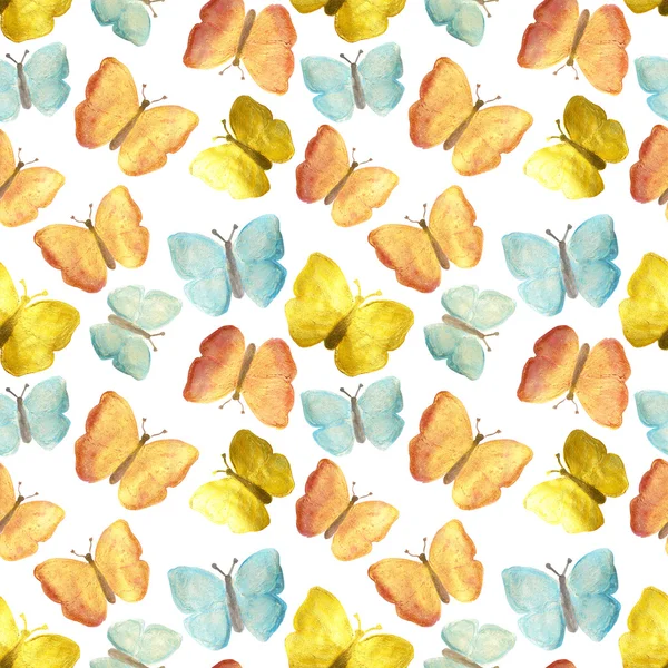 Hand-drawn with paints pearly red, yellow and blue butterflies on white background, seamless pattern