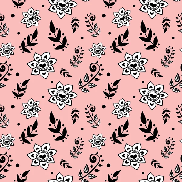 Seamless pattern with black and white flowers on pink background