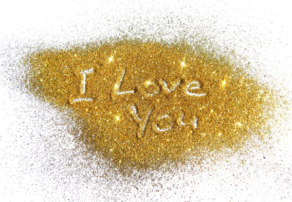 Inscription I Love You on golden glitter sparkle on white background