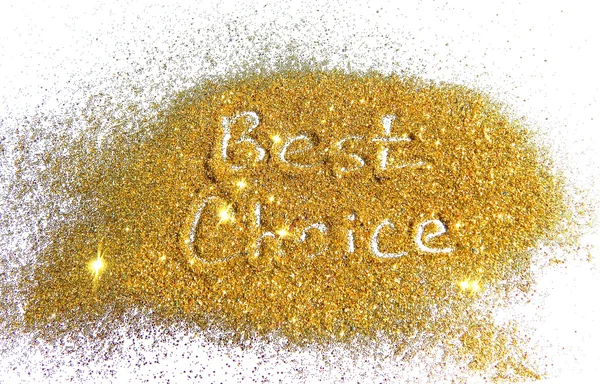 Inscription Best Choice on golden glitter sparkle on white background