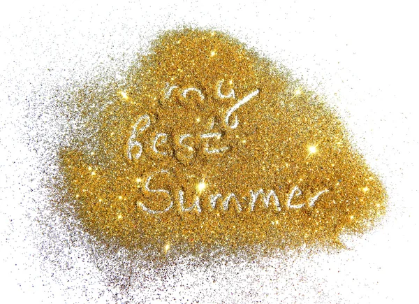 Inscription My Best Summer on golden glitter sparkle on white background