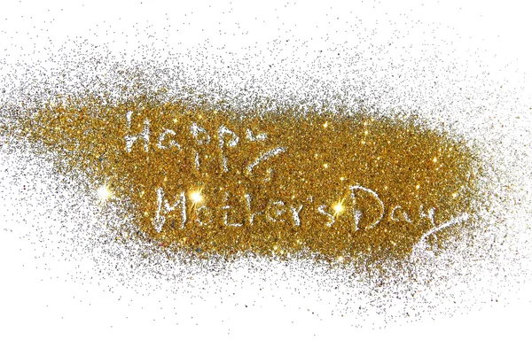 Inscription Happy Mothers Day on golden glitter sparkle on white background