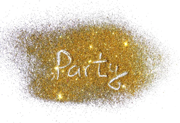 Inscription Party on golden glitter sparkle on white background