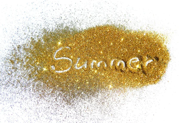 Inscription Summer on golden glitter sparkle on white background