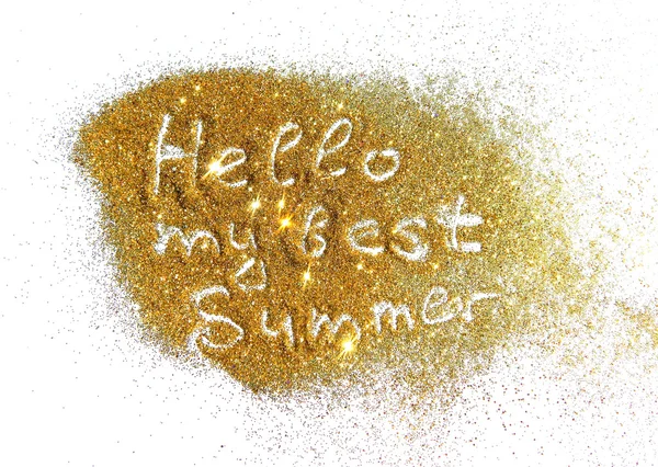 Inscription Hello My Best Summer on golden glitter sparkle on white background