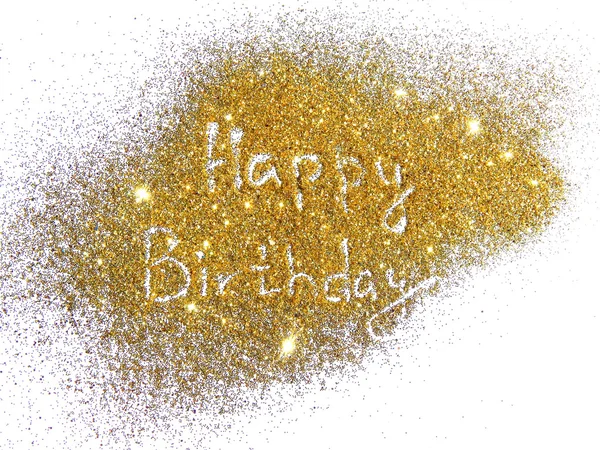 Inscription Happy Birthday on golden glitter sparkle on white background