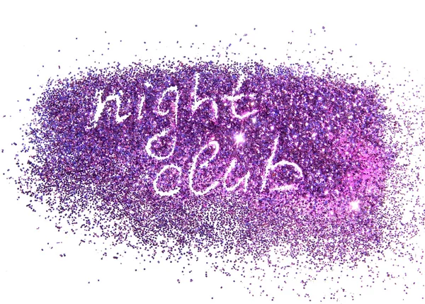 Inscription Night Club on purple glitter sparkle on white background. Can be used for logo, posters, flyers