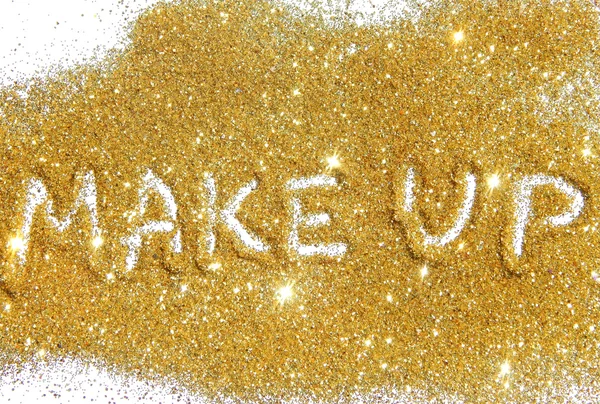 Inscription Nail Art on gold glitter sparkle on white background