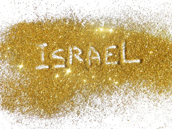 Blurry inscription Israel on golden glitter sparkles on white background