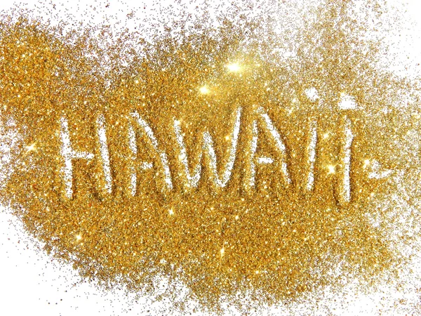Inscription Hawaii on golden glitter sparkle on white background