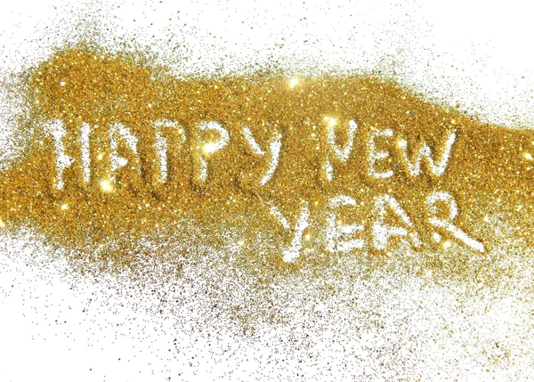 Text Happy New Year of golden glitter on white background