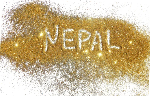 Inscription Nepal on golden glitter sparkle on white background
