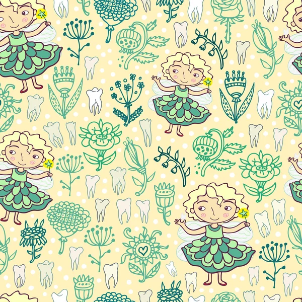 Tooth fairy and flowers yellow seamless pattern