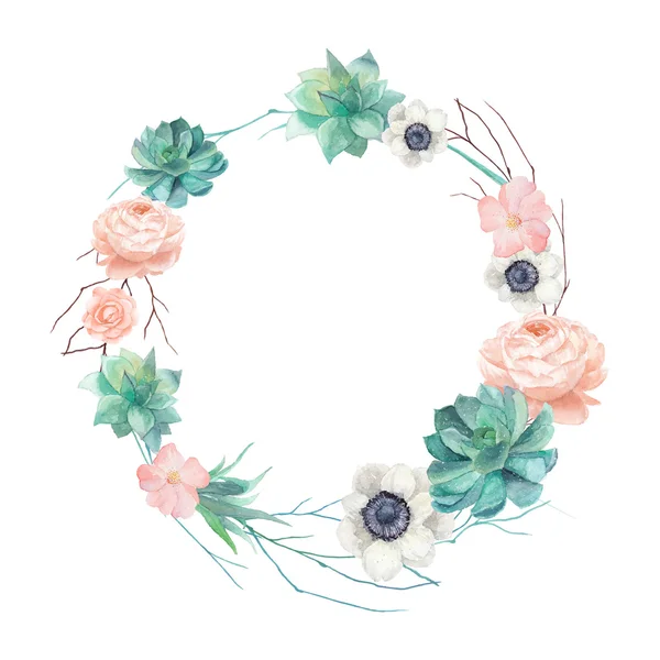 Watercolor succulents and flowers wreath