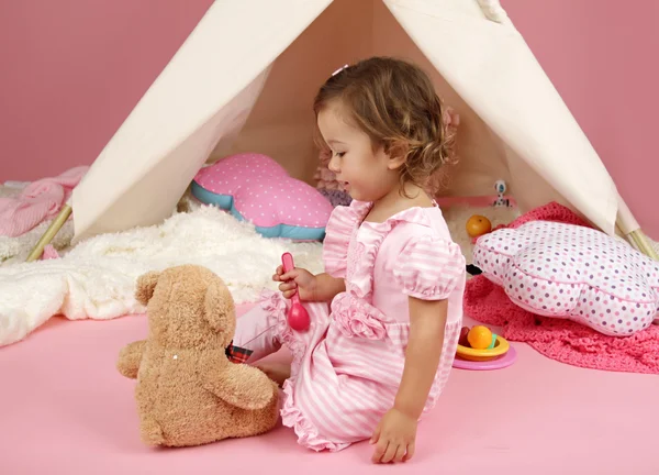 Pretend Play Tea Party at home with stuffed bear toy