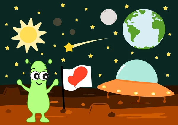 Cartoon alien bring love flag on mars funny cute vector illustration